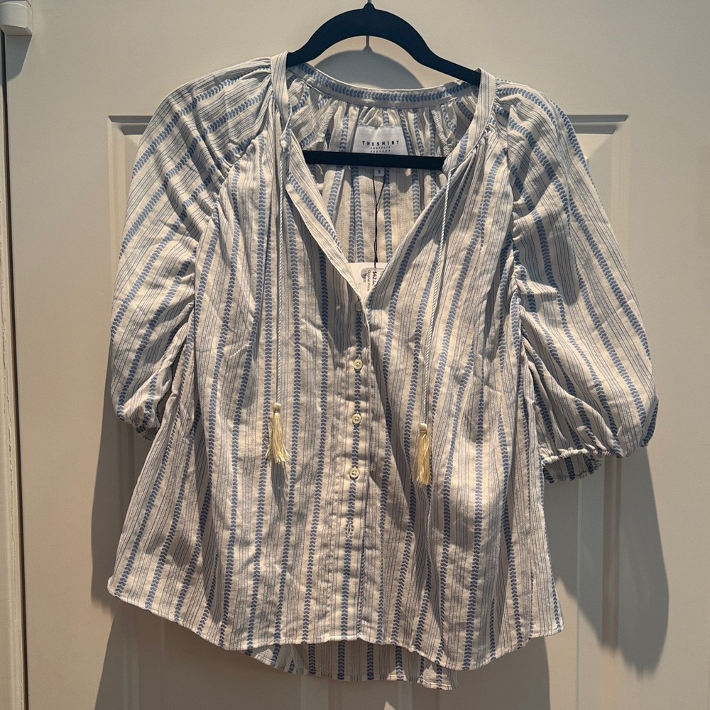 The Shirt by Rochelle Behrens White and Blue Striped Button-Front Blouse